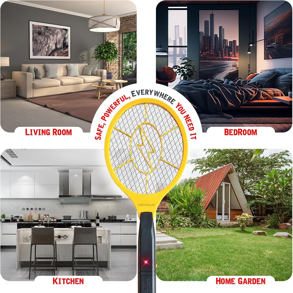 DEVOGUE® Electric Fly Swatter – Battery Operated Bug Zapper Racket, Mosquito & Insect Killer, Handheld Pest Control, Indoor & Outdoor Use