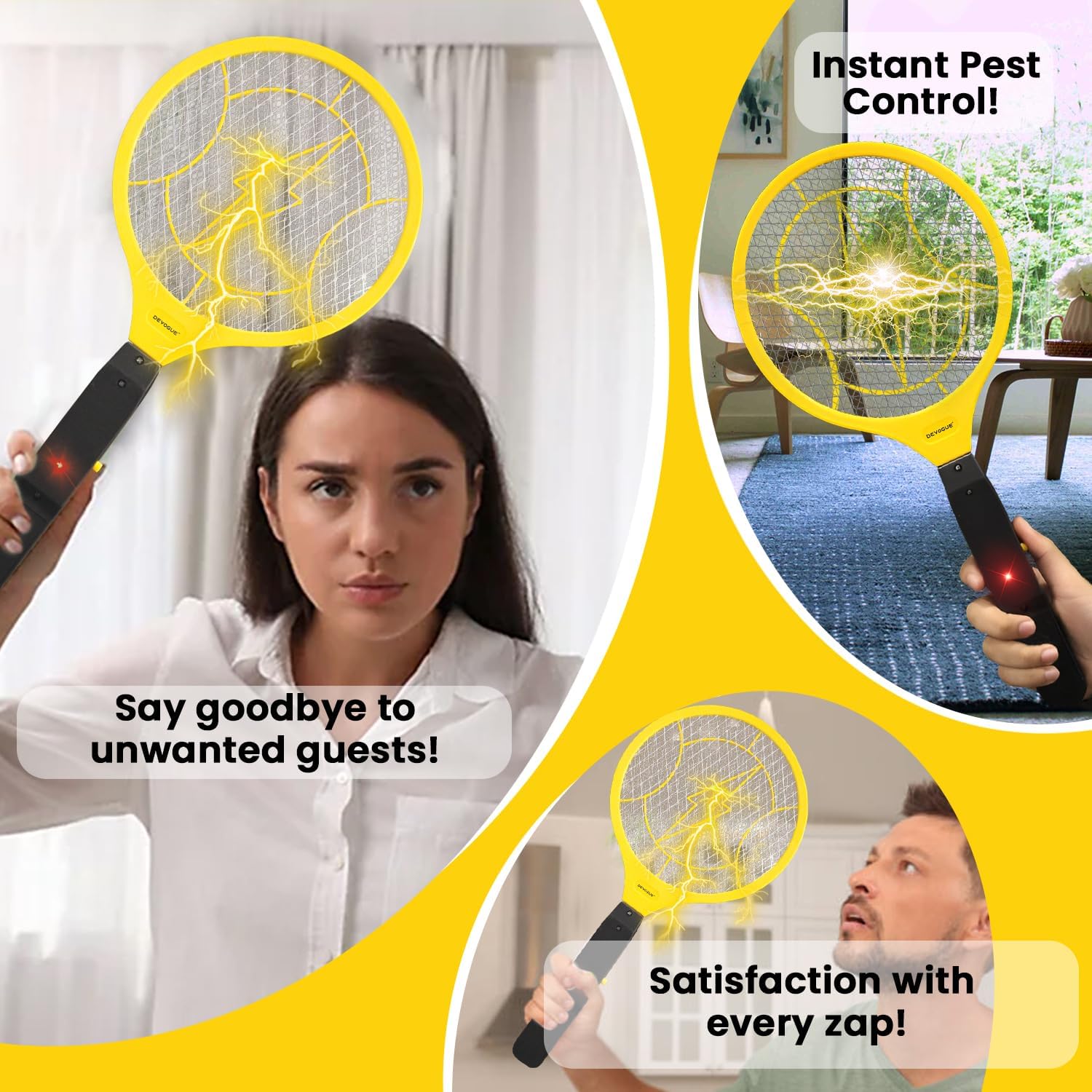 DEVOGUE® Electric Fly Swatter - Weight Like Apple - 2AA Battery Powered (not incl.) - 3-Layer Protection Grid Bug Zapper Racket for Home Bedroom Kitchen Office Backyard Patio Indoor Outdoor