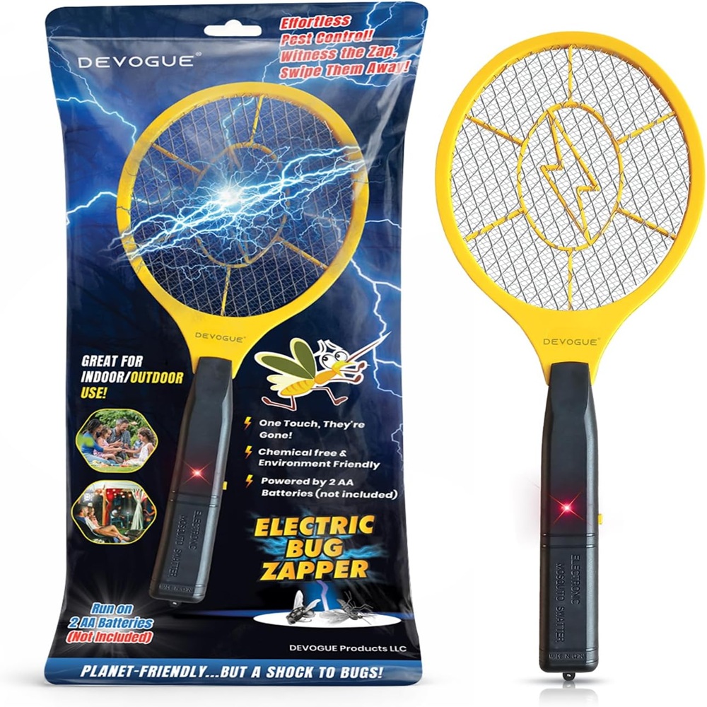 DEVOGUE® Electric Fly Swatter – Battery Operated Bug Zapper Racket, Mosquito & Insect Killer, Handheld Pest Control, Indoor & Outdoor Use