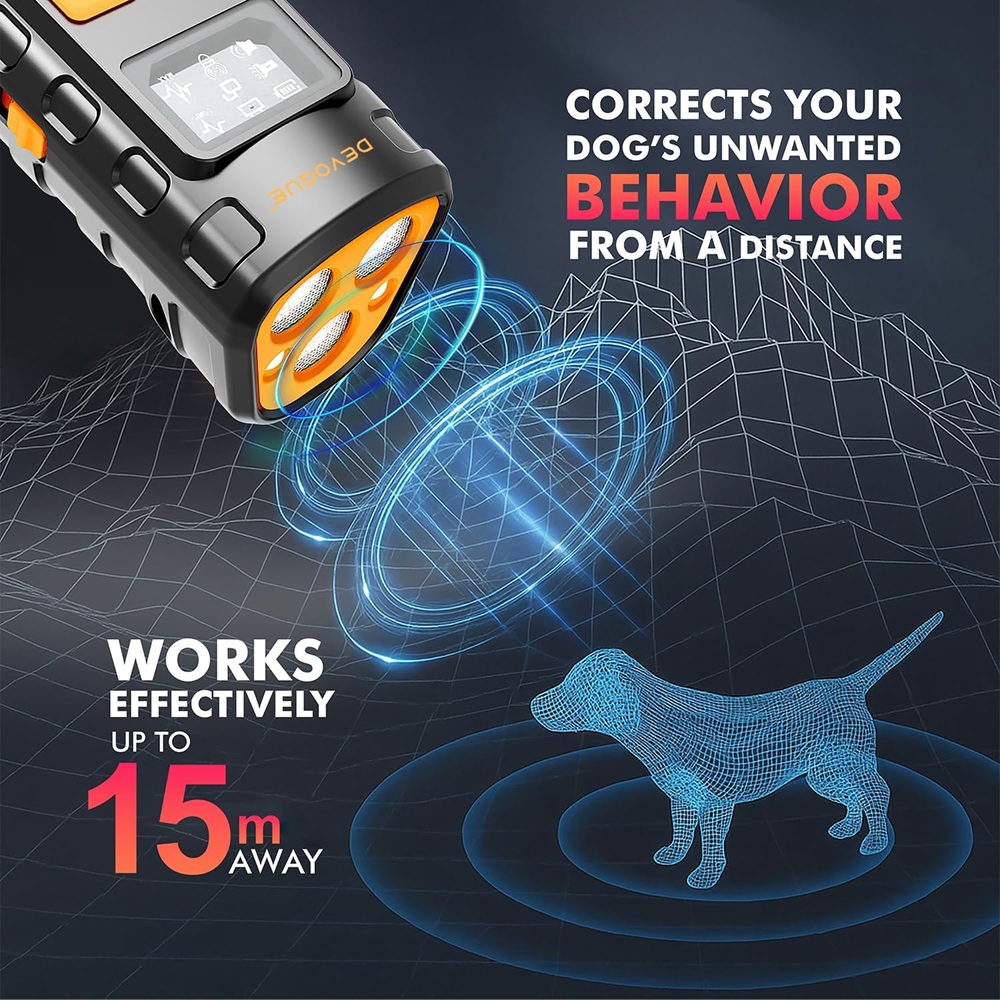 DEVOGUE® Dog Bark Deterrent Devices with 4 Different Modes for Training – Rechargeable Anti Barking Device for Dogs – 12 to 15 Meter Long Range Ultrasonic Dog Bark Deterrent (ThreeHead)