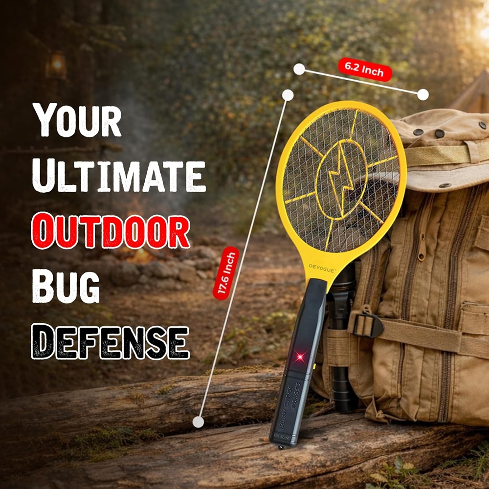DEVOGUE® Electric Fly Swatter – Battery Operated Bug Zapper Racket, Mosquito & Insect Killer, Handheld Pest Control, Indoor & Outdoor Use