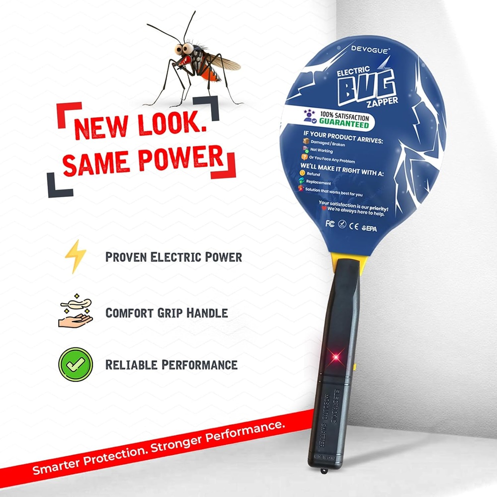 DEVOGUE® Electric Fly Swatter – Battery Operated Bug Zapper Racket, Mosquito & Insect Killer, Handheld Pest Control, Indoor & Outdoor Use