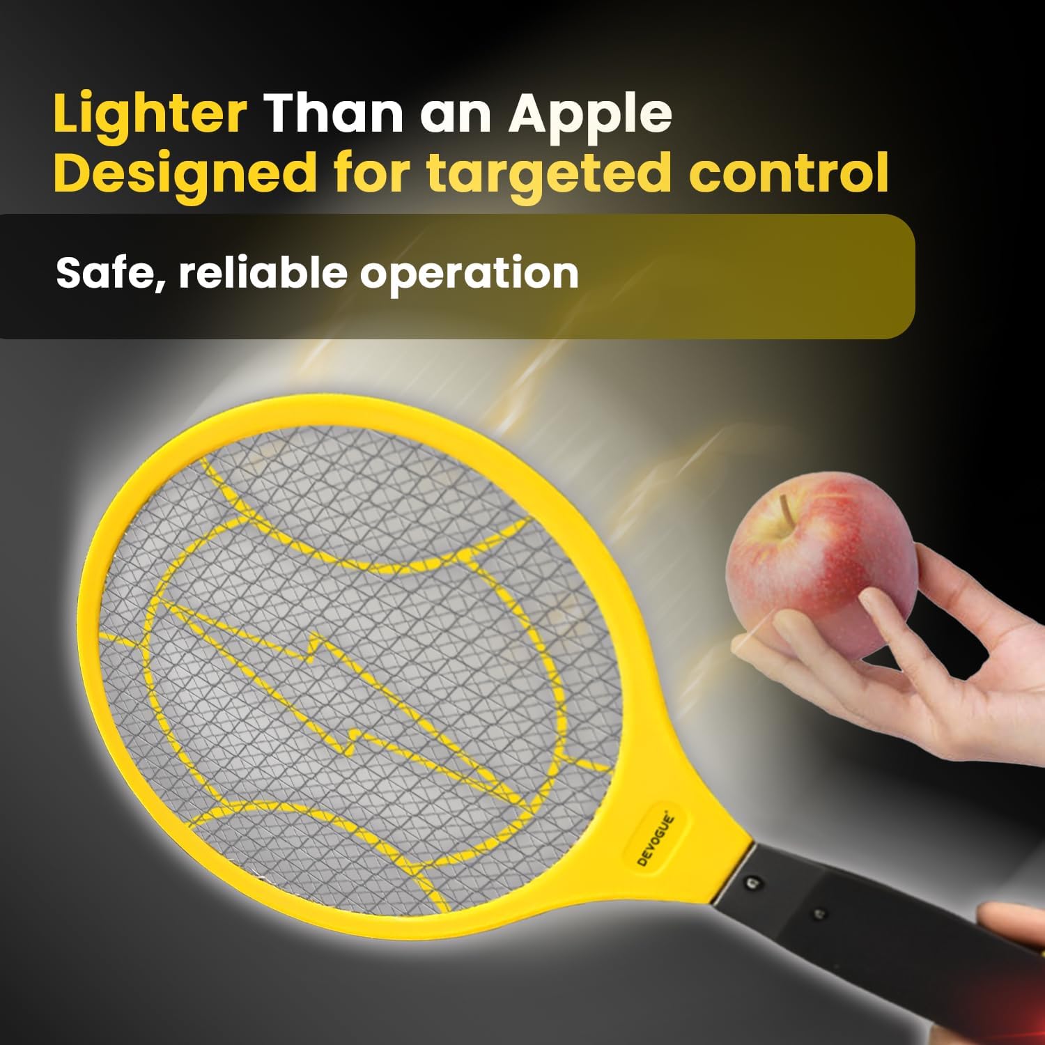 DEVOGUE® Electric Fly Swatter - Weight Like Apple - 2AA Battery Powered (not incl.) - 3-Layer Protection Grid Bug Zapper Racket for Home Bedroom Kitchen Office Backyard Patio Indoor Outdoor